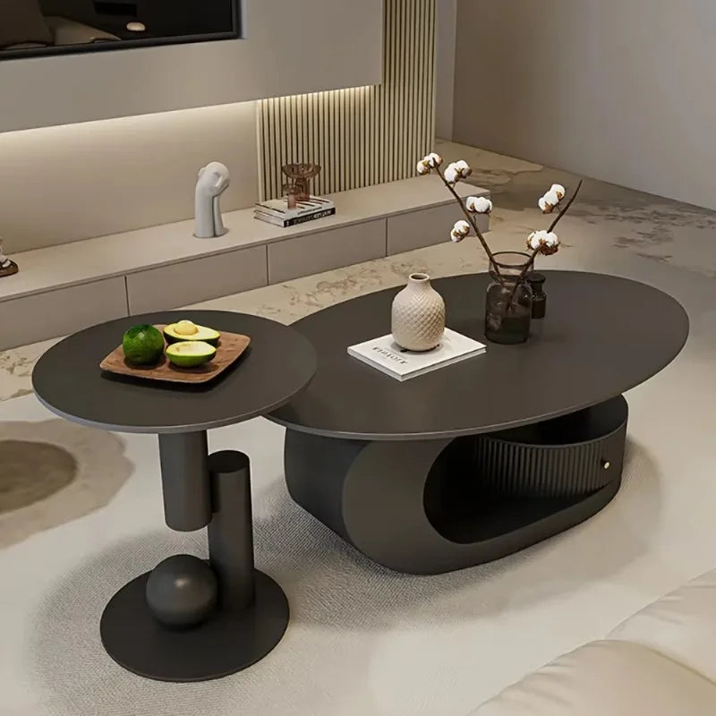 table basse ovale bois gris moderne meuble salon minimaliste tiroir rangement maison