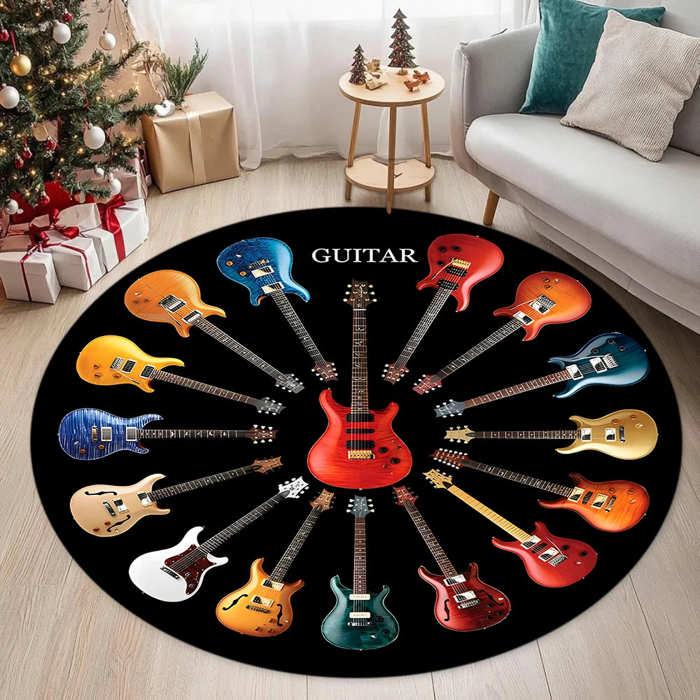 tapis rond moderne guitares multicolores noir salon chambre décoration antidérapant polypropylène polyester