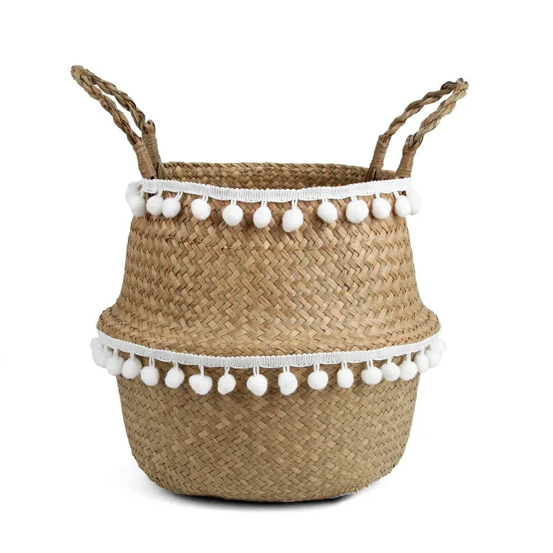 panier tissé paille naturelle boho blanc pompons poignées corde rangement