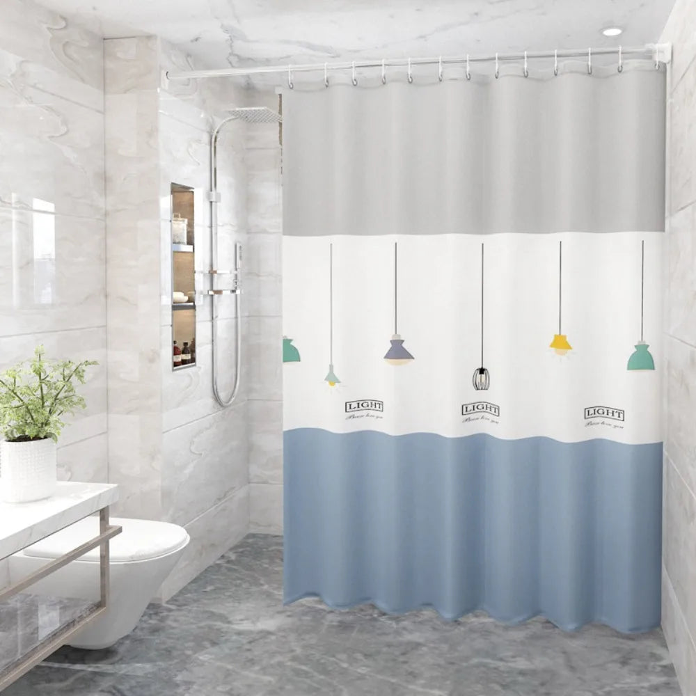 rideau douche polyester plissé motifs géométriques moderne blanc gris bleu jaune vert opaque anneaux