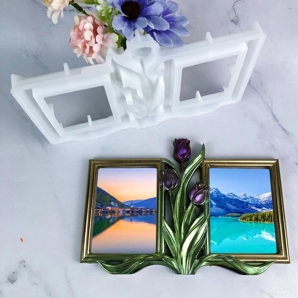 cadre photo tulipes fleurs motif floral classique élégant blanc doré vert adhésif deco maison