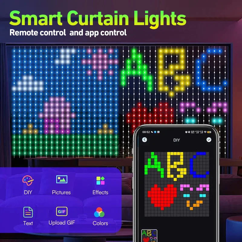 rideau lumineux led multicolore pixel art motifs jeux vidéo moderne synchronisation musique bluetooth télécommande