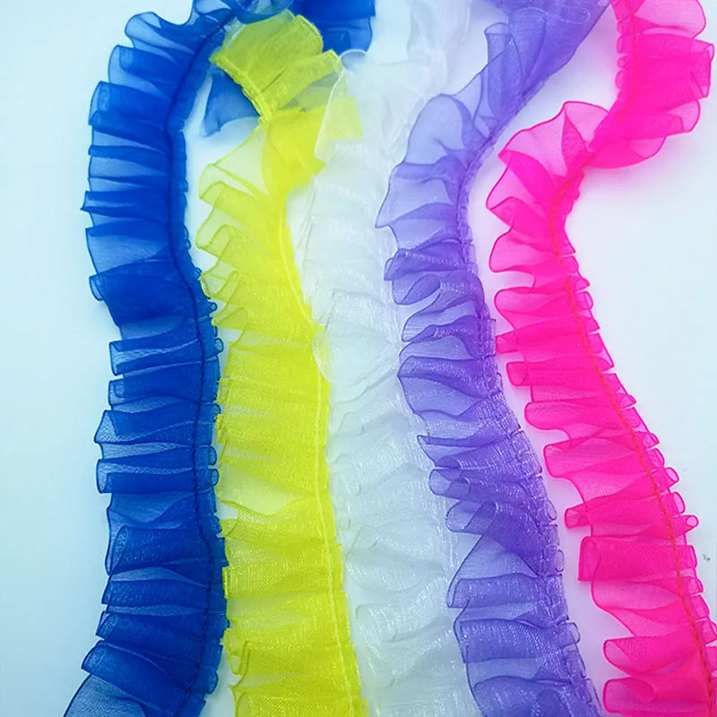 ruban plissé polyester nylon largeur 25mm dentelle organza écologique élastique soluble eau bleu rose