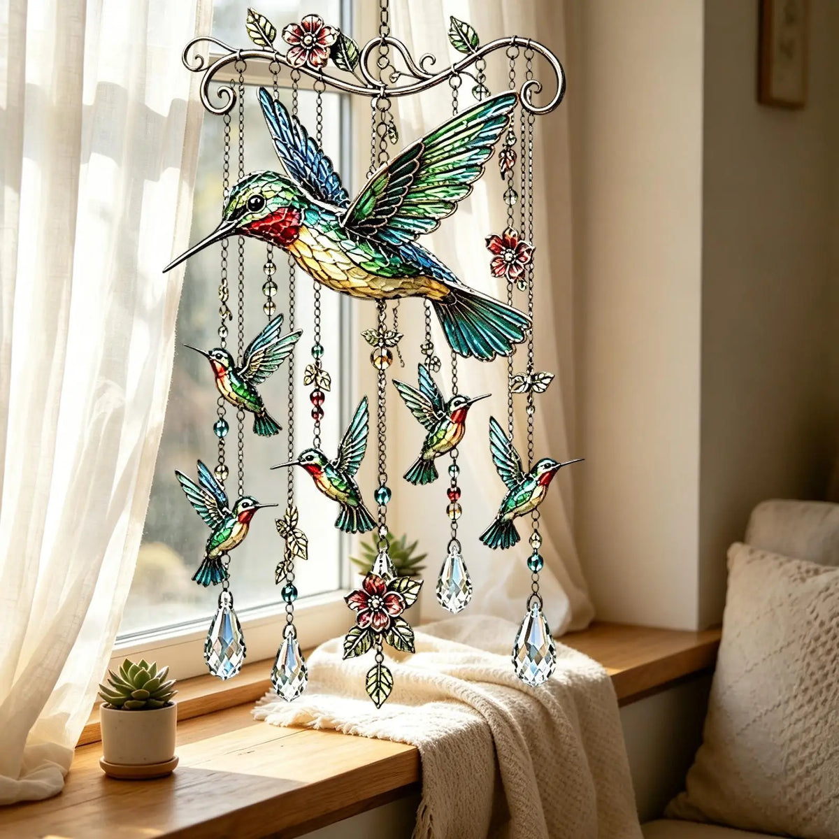 mobile décoratif suspendu colibris fleurs vitrail cristaux métal famille extérieur pastorale