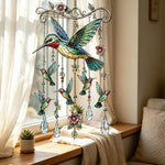 mobile décoratif suspendu colibris fleurs vitrail cristaux métal famille extérieur pastorale
