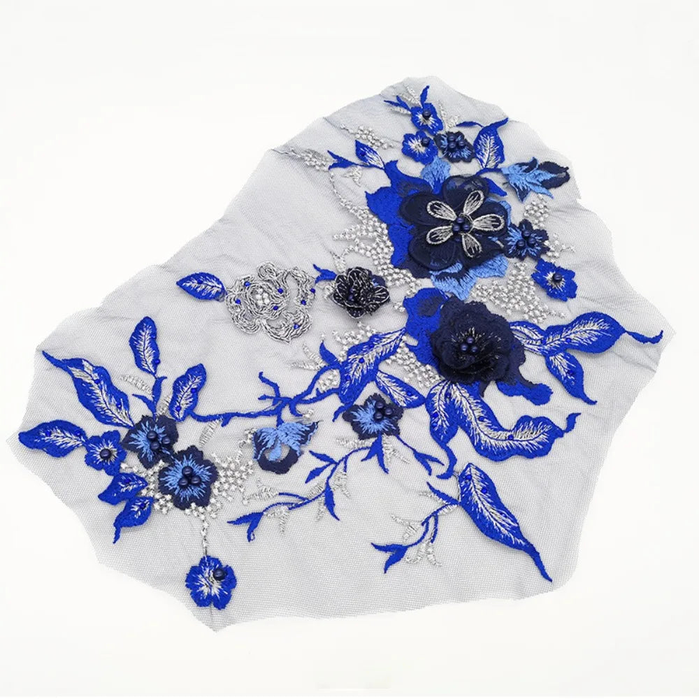 appliques textile brodées fleurs relief rose blanc violet bleu doré noir
