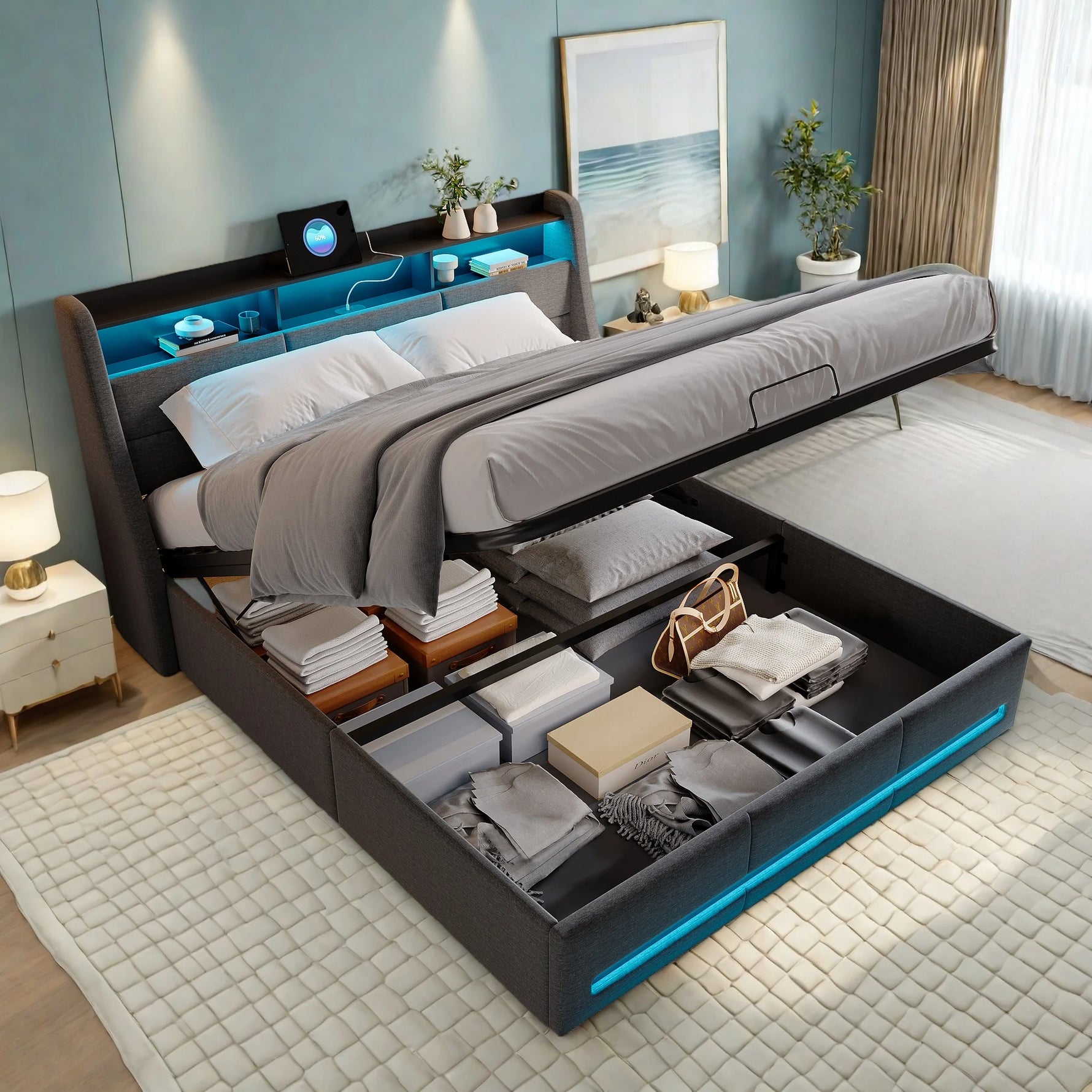 Détail de la tête de lit rembourrée avec prise USB intégrée