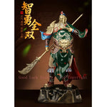statue guerrier chinois or armure détaillée barbe cheveux longs traditionnel or vert rouge bleuargent
