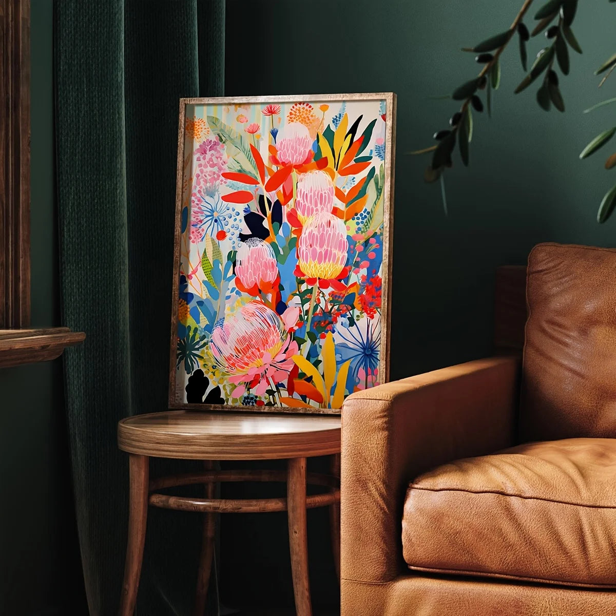tableau toile fleurs exotiques abstraites cadre bois décoration murale moderne salon couleur vive