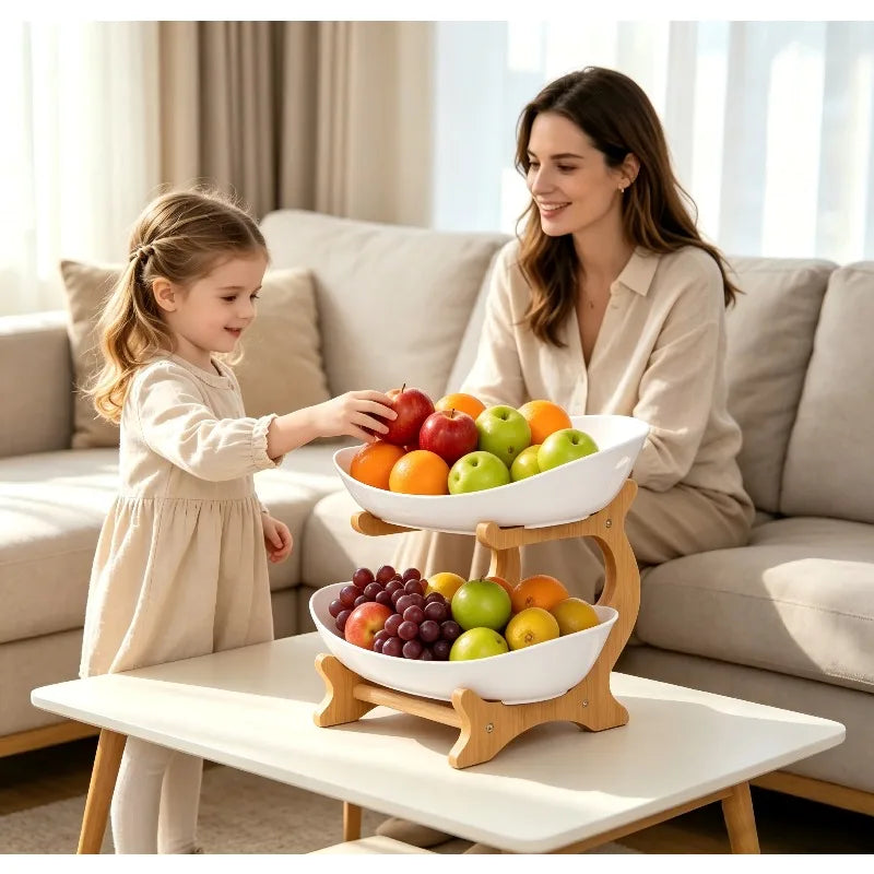 support fruits moderne bois blanc bambou compartimenté rose clair vert clips métalliques fruits variés