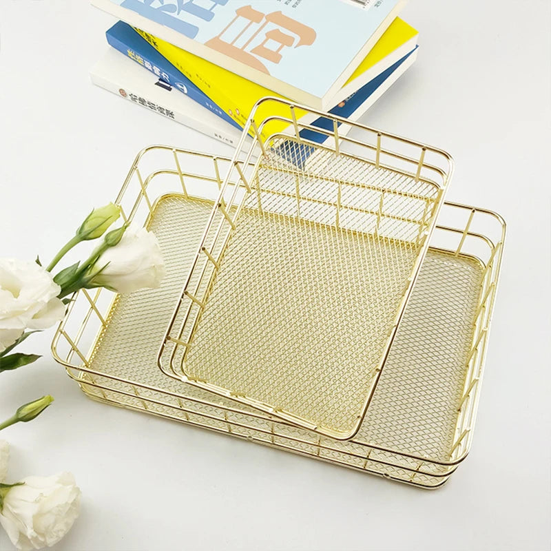 paniers rangement métal or rose gold maille fine moderne minimaliste respectueux environnement multifonctionnels
