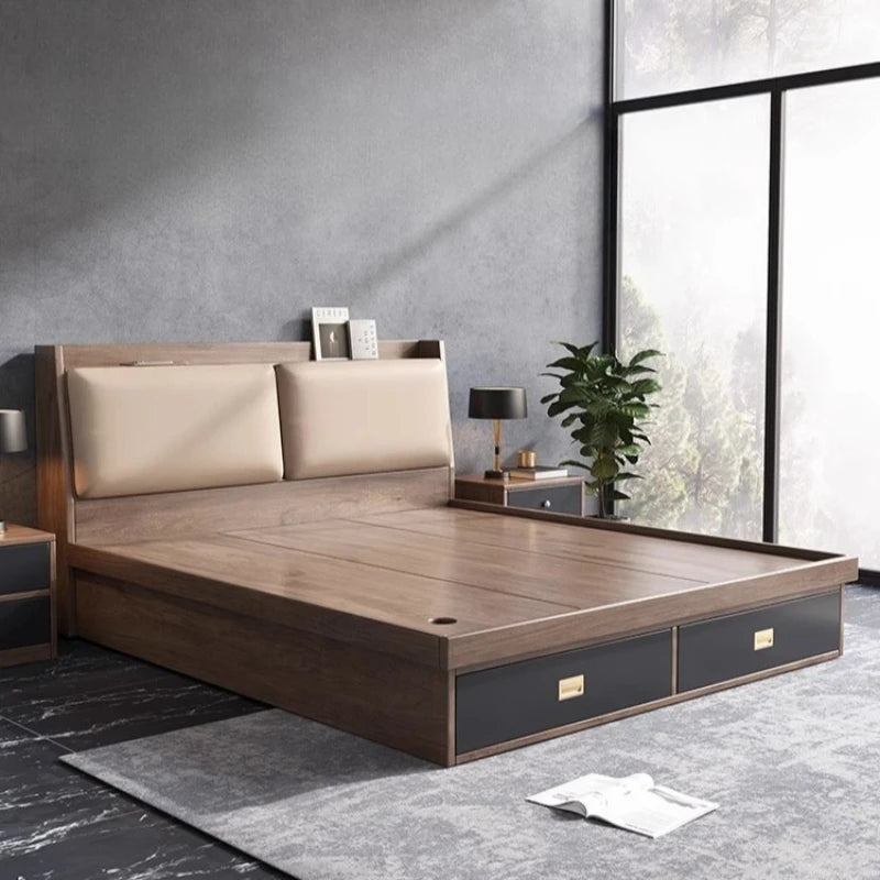 lit moderne bois marron tête lit tissu beige deux chevets sommier tiroirs latéraux