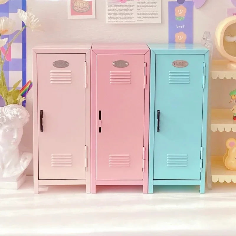 armoire rangement vintage rose bleu clair métal deux niveaux organisation cosmétiques bijoux chambre coucher