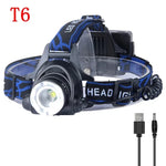 lampe frontale led rechargeable batterie 18650 noir bleu bandes ajustables haute luminosité camping outdoor