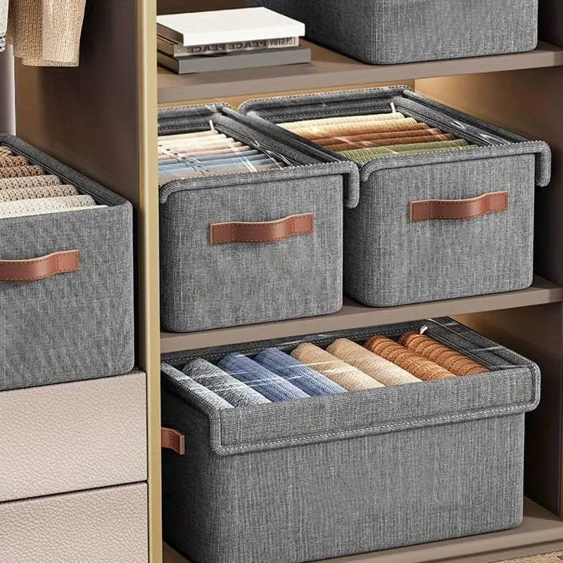 boîtes rangement tissu lin gris modernes poignées cuir opaques pliables empilables fenêtres transparentes vêtements