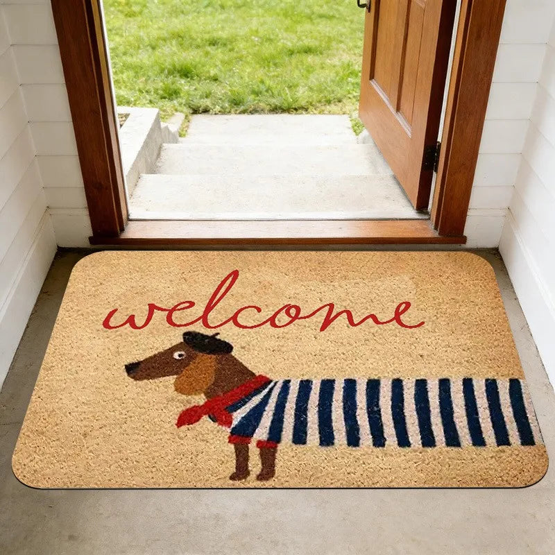 tapis d'entrée marron blanc décoration animée chien bienvenue moderne humoristique extérieur résistant rides polyester