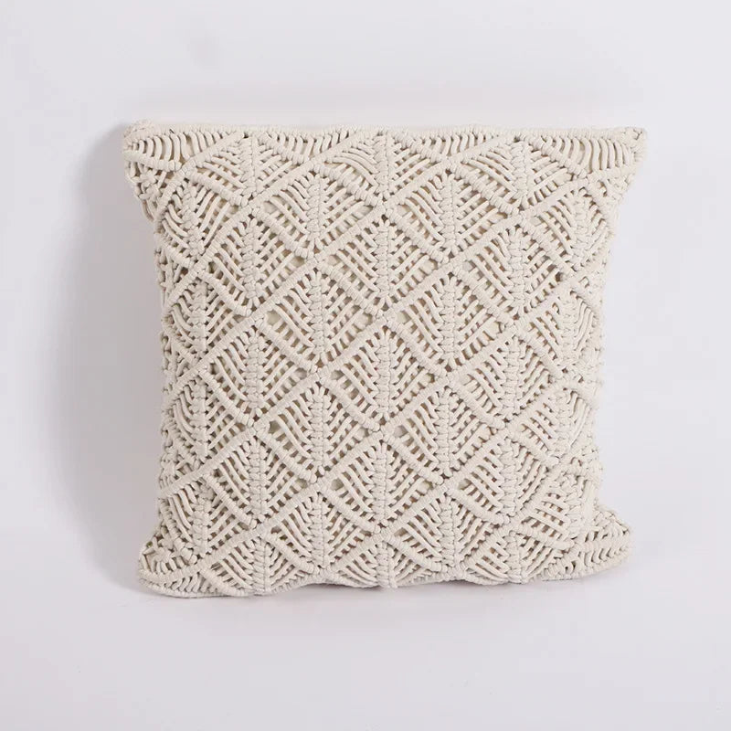 coussin tissé main bohème motif géométrique beige carré coton décoratif lit simple opacité sans