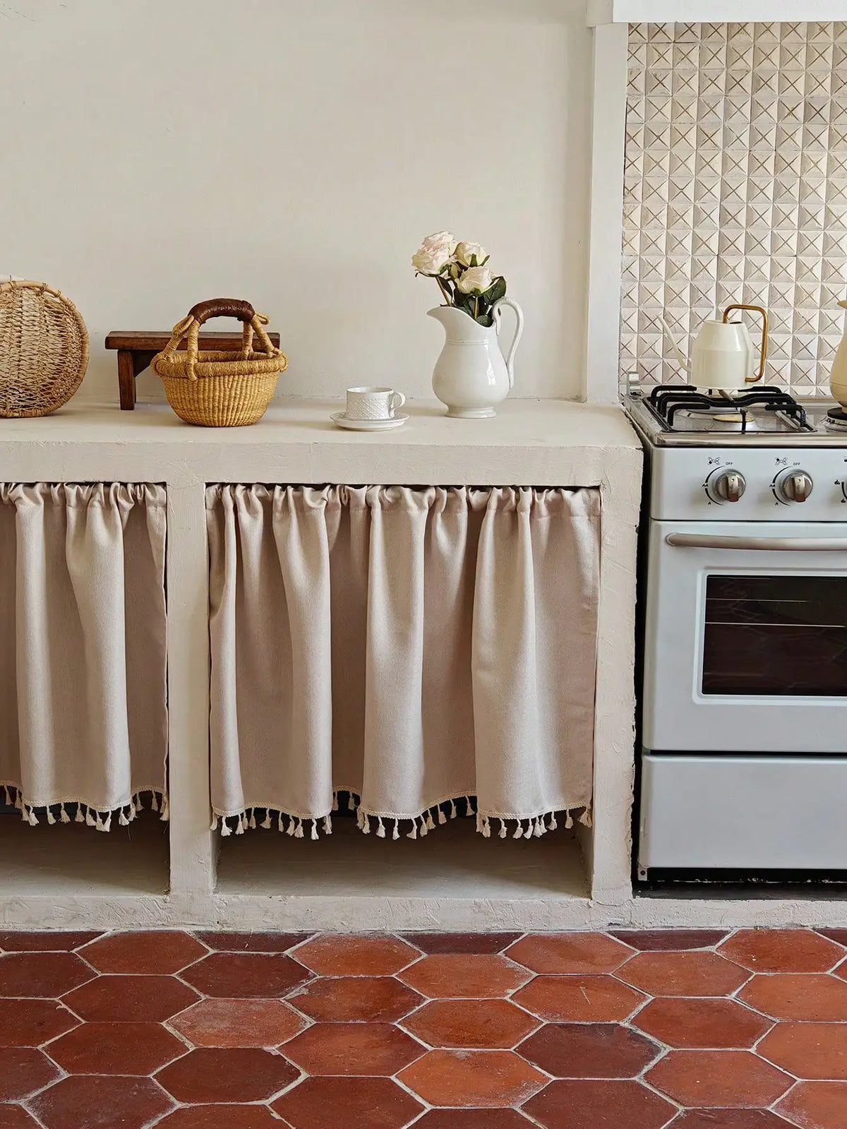 rideau cuisine beige classique 100 polyester opaque franges 30 70 90 cm