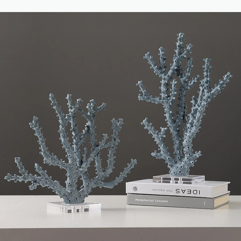 sculpture artificielle moderne gris clair texture corail opale base transparente minimaliste decoration table