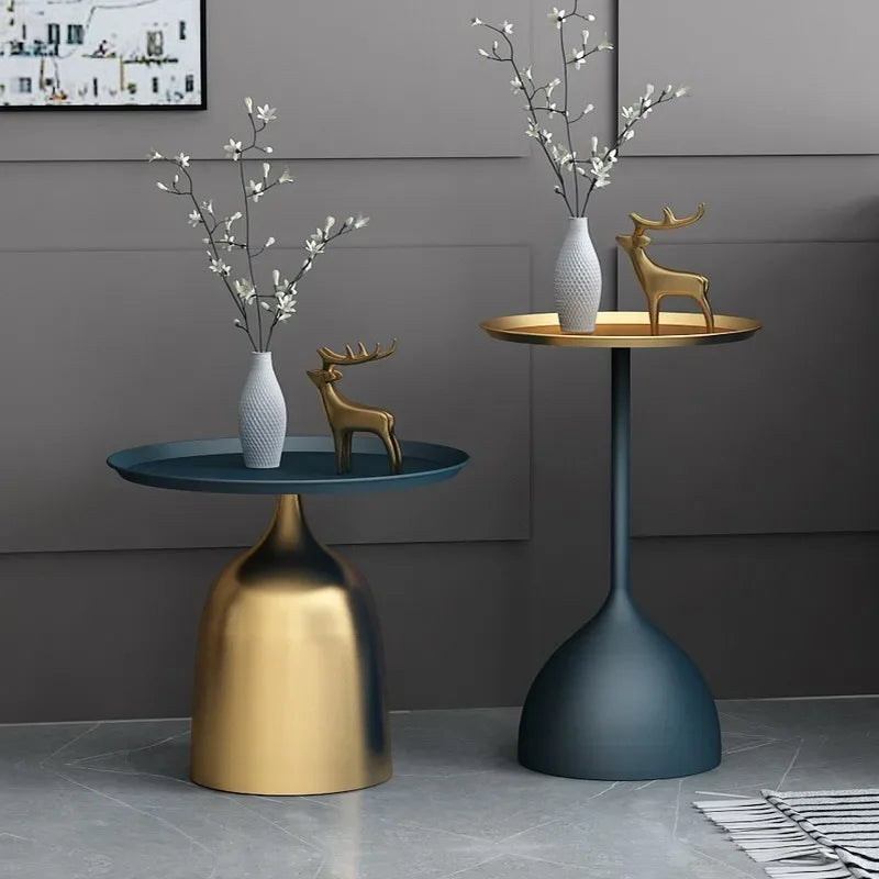 table basse moderne or bleu marine minimaliste plateau rond base originale 38.5x61x28