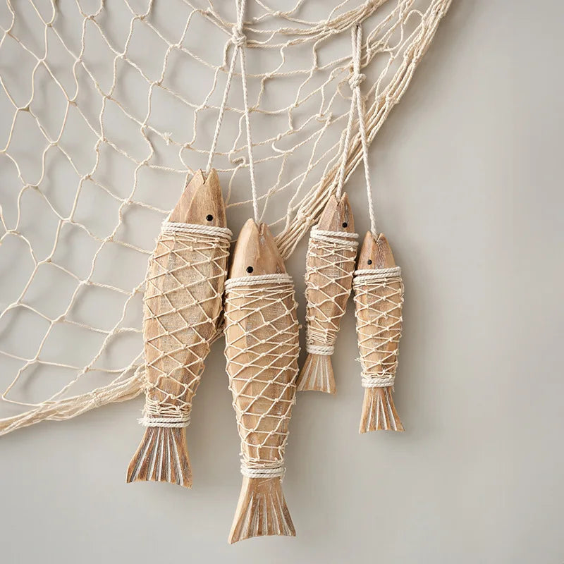 décoration murale poissons filetés bois blanc cordelette artisanal nautique thème plage