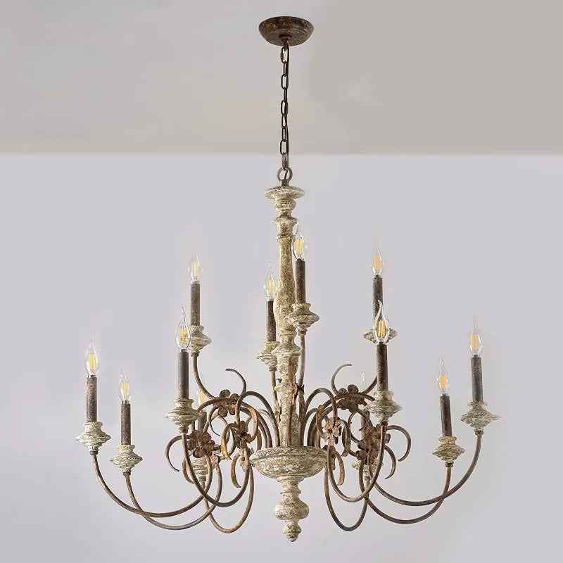 lustre vintage rustique bois blanc vieilli 12 ampoules e14 salon chambrehôtel