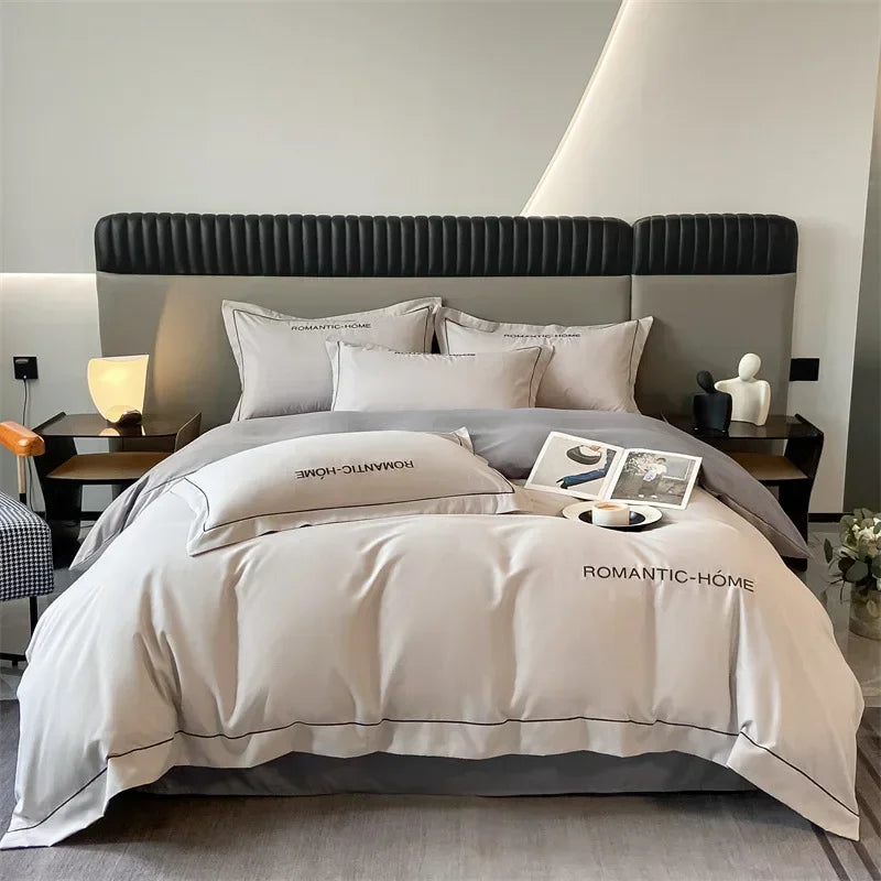 ensemble literie coton uni moderne beige bleu clair orange satiné