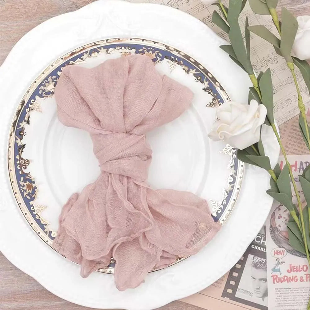 serviette table rose pâle texture ondulée ruban jute fleur blanche rustique polyester coton pastorale