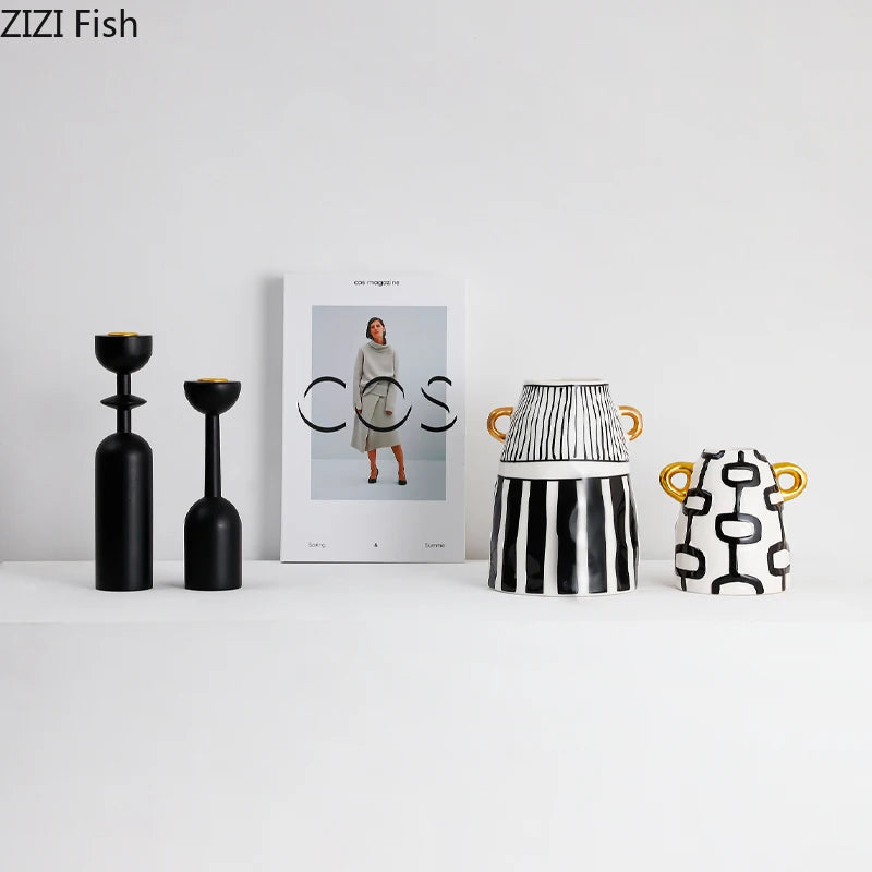 vase céramique rayures noires blanches moderne décoration intérieure arrangement fleurs artificielles minimaliste
