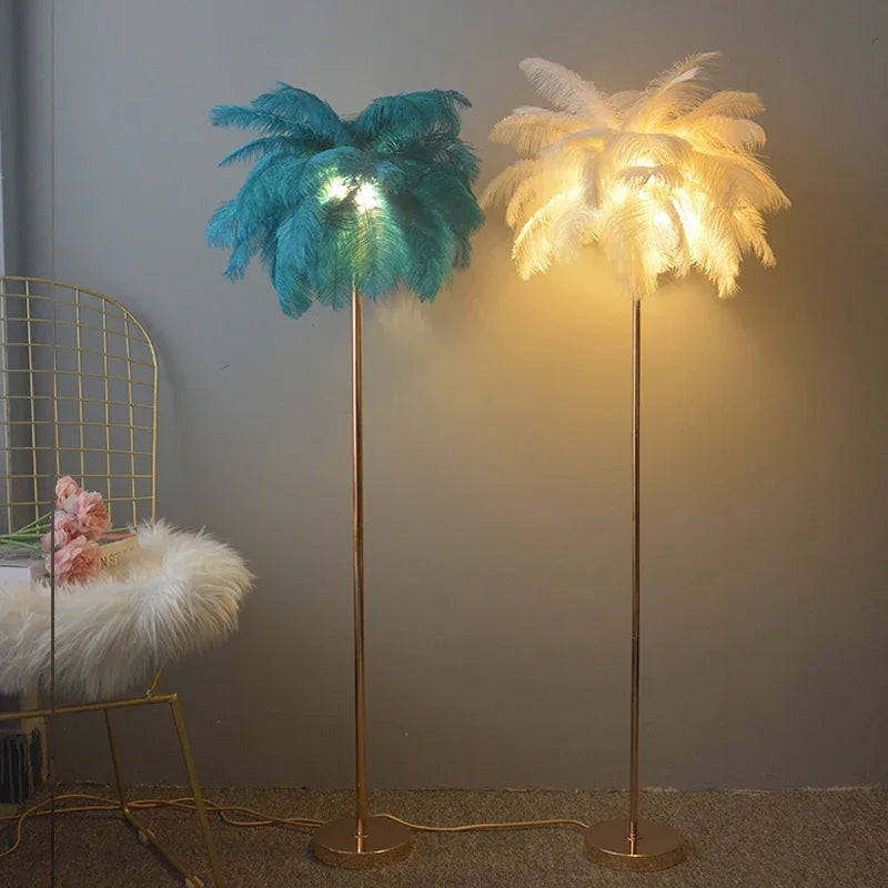lampe sol moderne plumes blanches dorées bleu turquoise LED éclairage intérieur chambre salon élégant