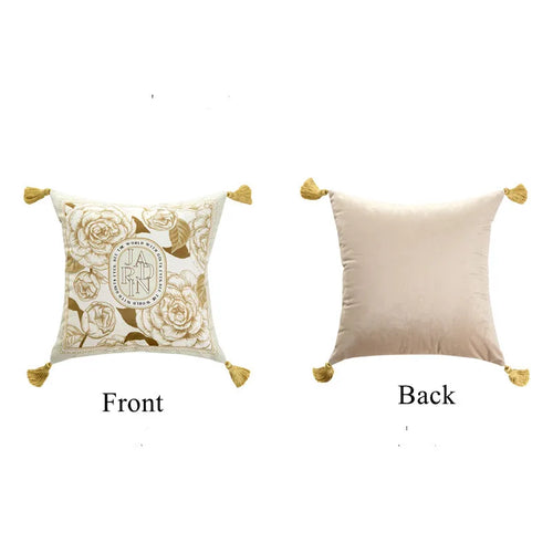 housse coussin velours noir blanc motif floral pompon doré décoration salon canapé luxe