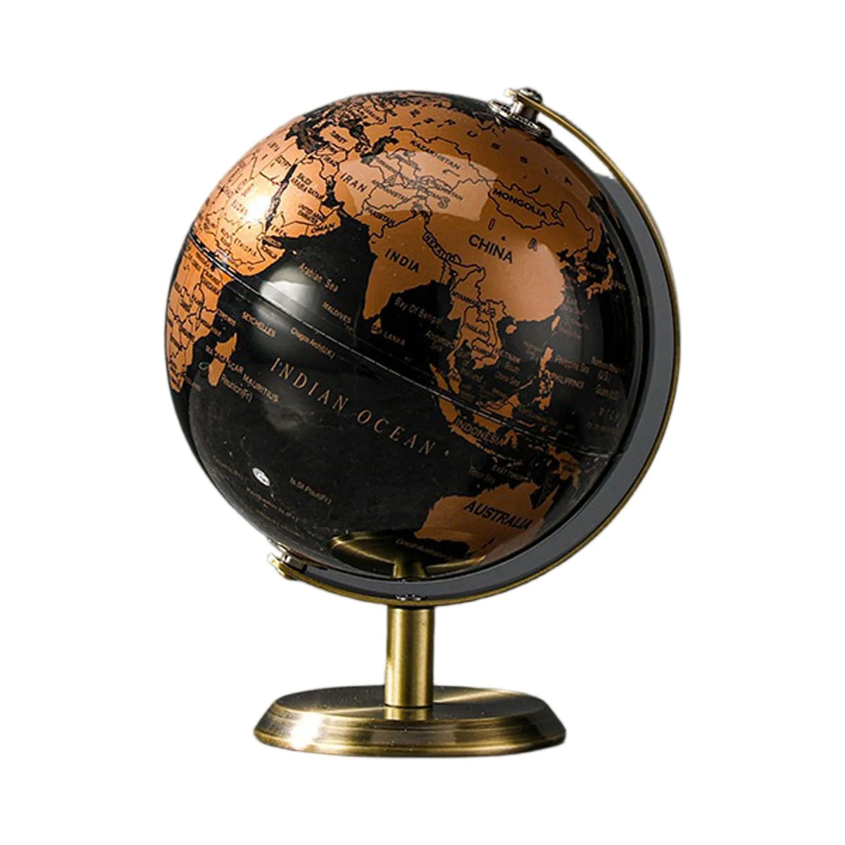 globe vintage cartographie détaillée continents océans noir doré décoration intérieure ornement table