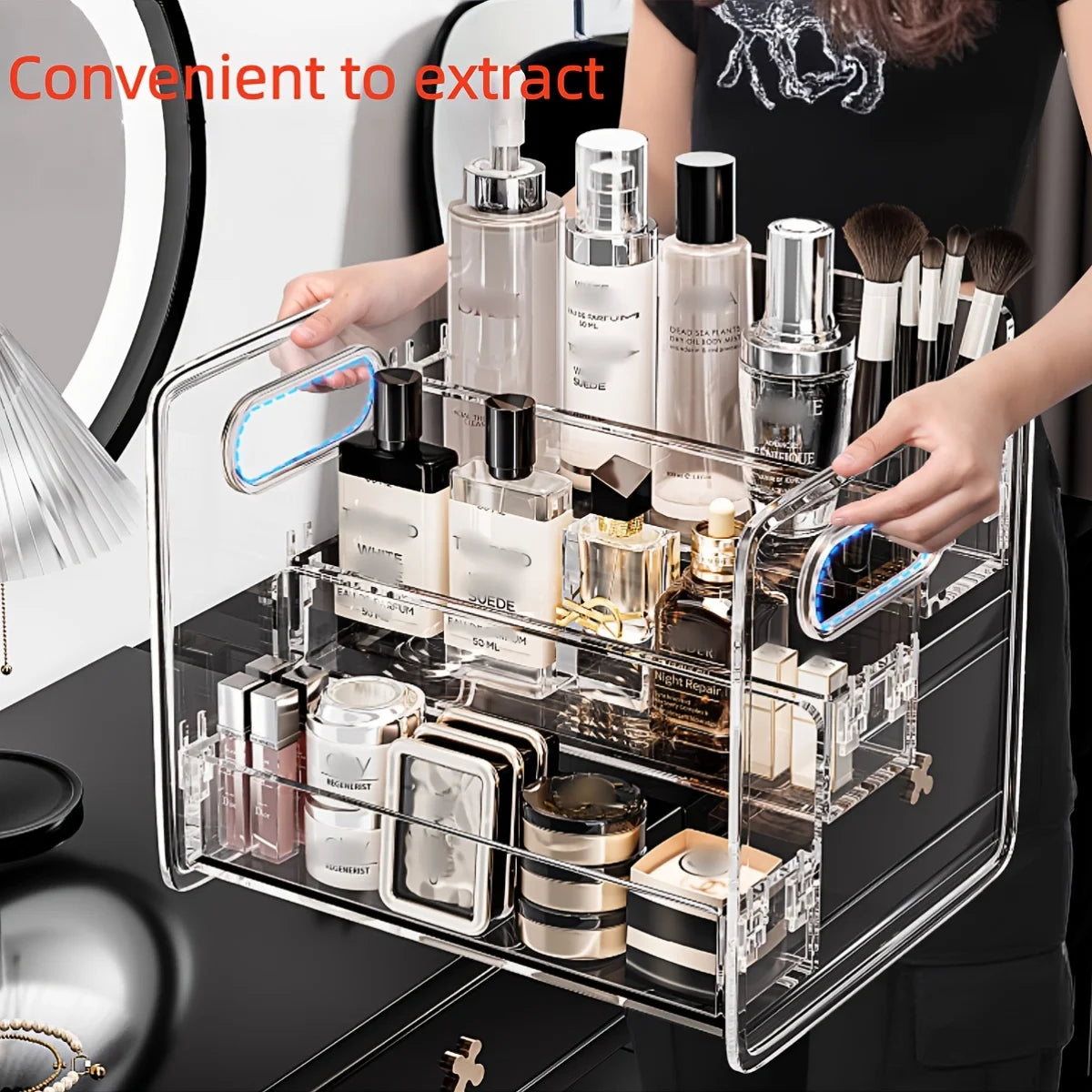rangement cosmétique moderne transparent boîtes organisation maquillage pinceaux bouteilles minimalistes rechargeables poignées