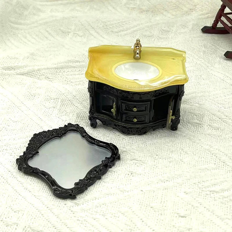 meubles miniatures salle bain lavabo miroir decoratif noir jaune blanc classique enfants jouets