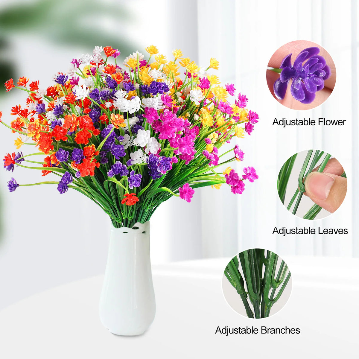 bouquet artificiel violet orange jaune blanc moderne minimaliste intérieur mariage anniversaire baby shower