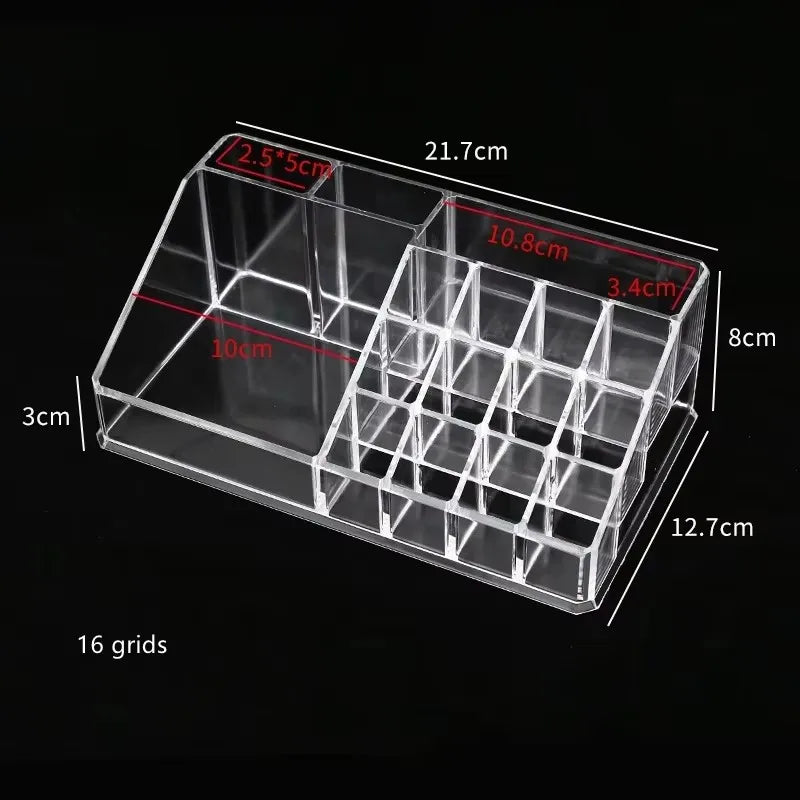 boîte rangement cosmétiques transparente moderne pinceaux crèmes rouges palettes carte crédit minimaliste organisateur