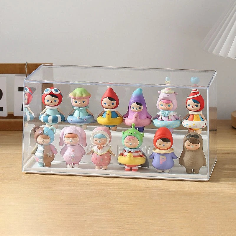 boîtes rangement transparentes figurines collection multicolores personnages stylisés adhésif anti chutes modernes ludiques empilables