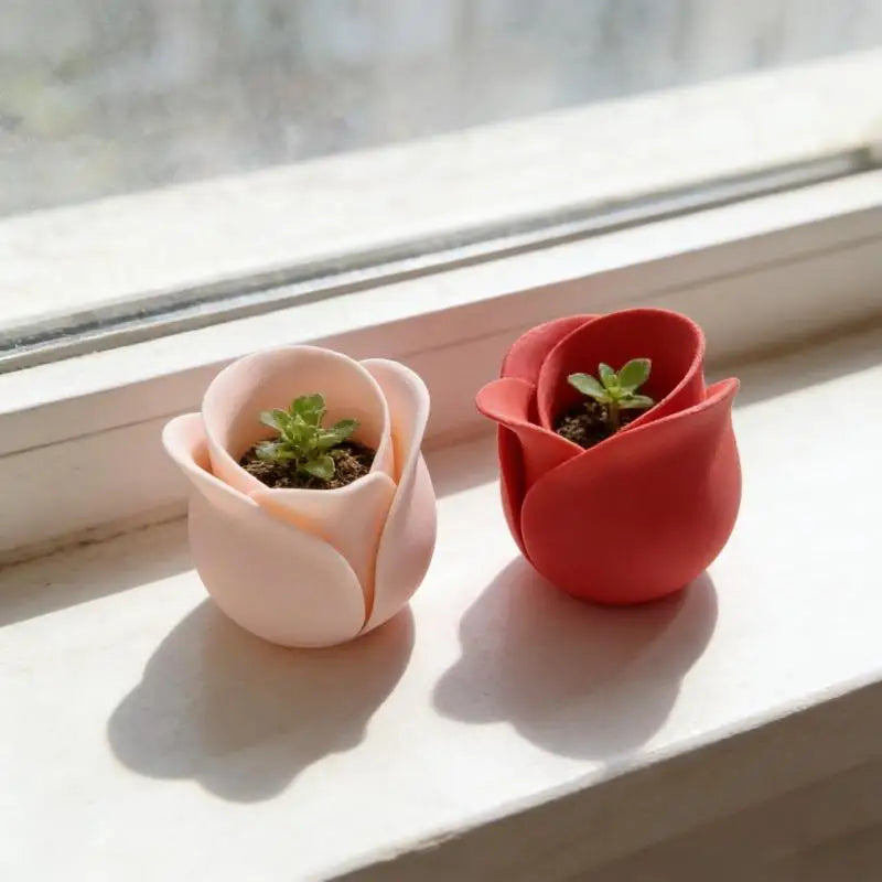 cache pot moderne forme fleur rose clair rose foncé support plante salon table
