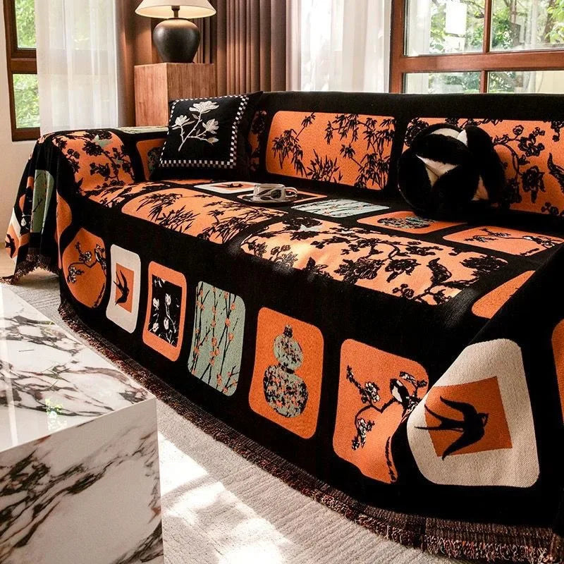 housse canapé patchwork noir orange gris coussin tapisserie extérieur intérieur