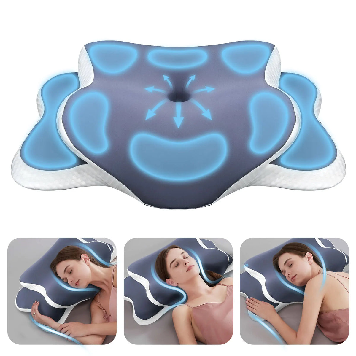 oreiller ergonomique mousse mémoire forme feuille bleu foncé alvéoles tête cou support moderne
