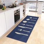 tapis cuisine rectangle motifs aliments moderne fourchettes couteaux cuillères fruits légumes