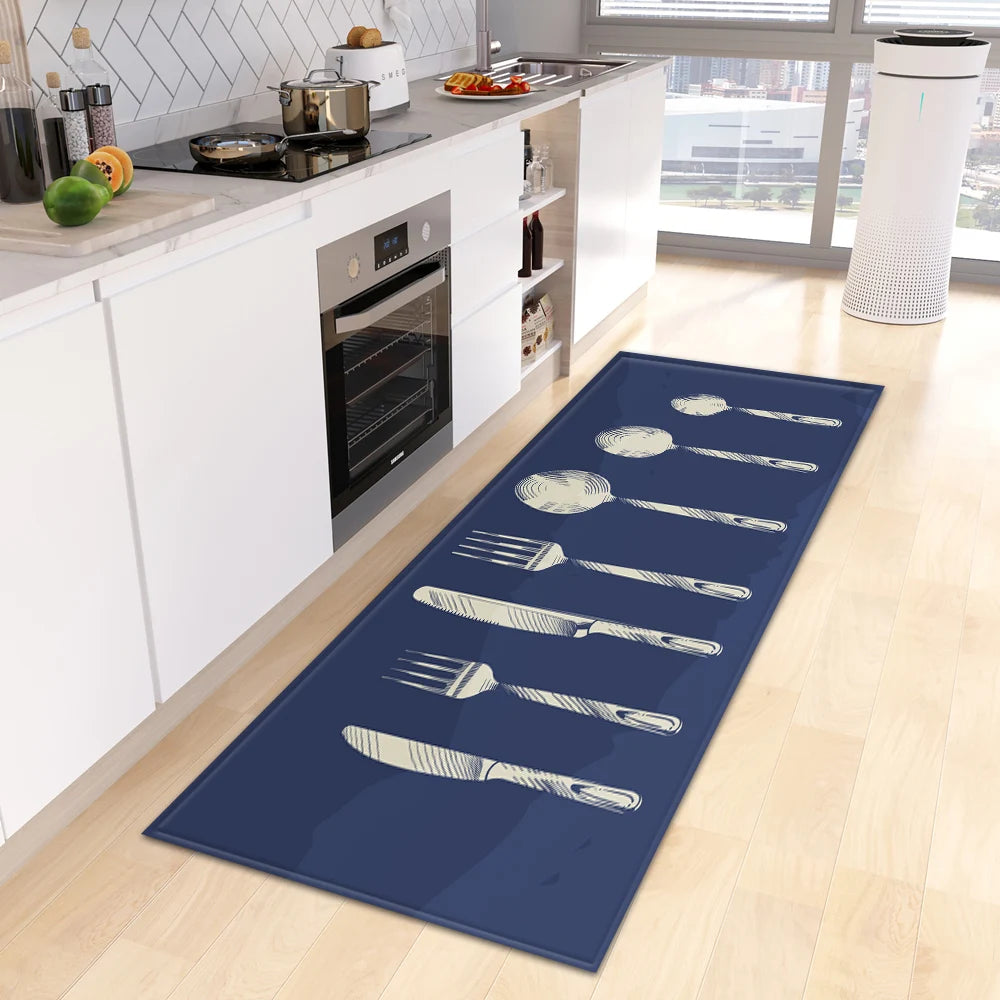 tapis cuisine rectangle motifs aliments moderne fourchettes couteaux cuillères fruits légumes