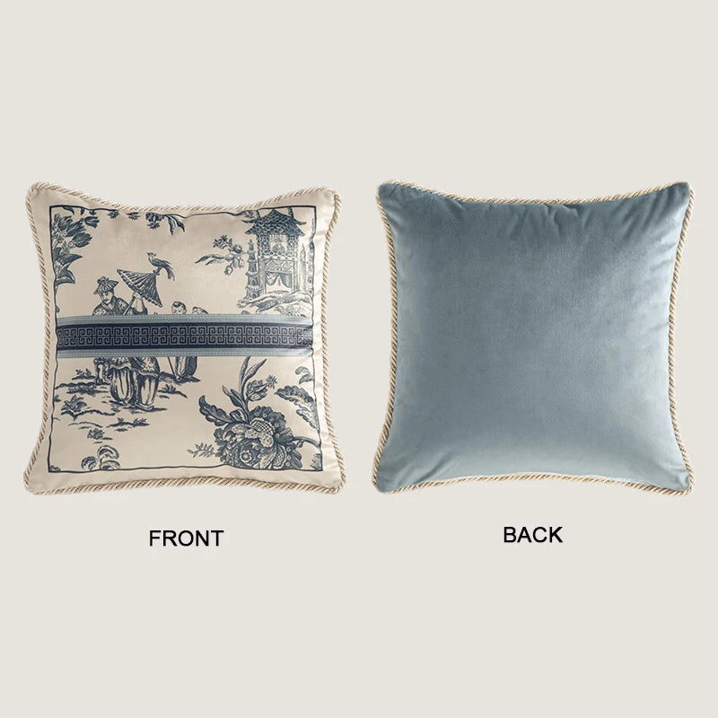 coussin vintage motif traditionnel beige bleu oiseaux fleurs structure respectueux environnement polyester doux 30x50cm
