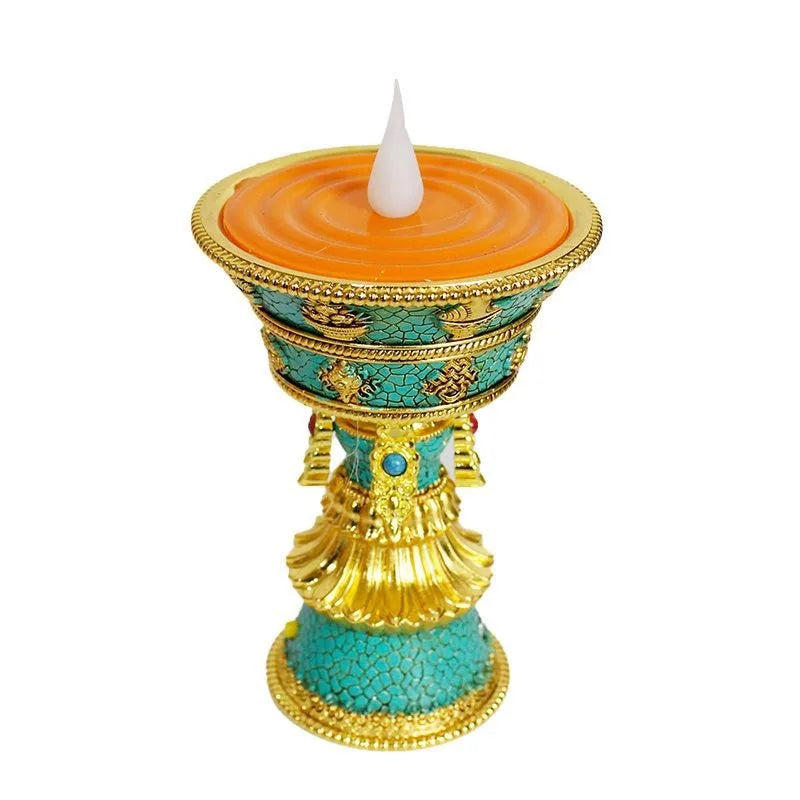 bougeoir artisanal or turquoise rouge texture craquelée ornements dorés base lotus bougie