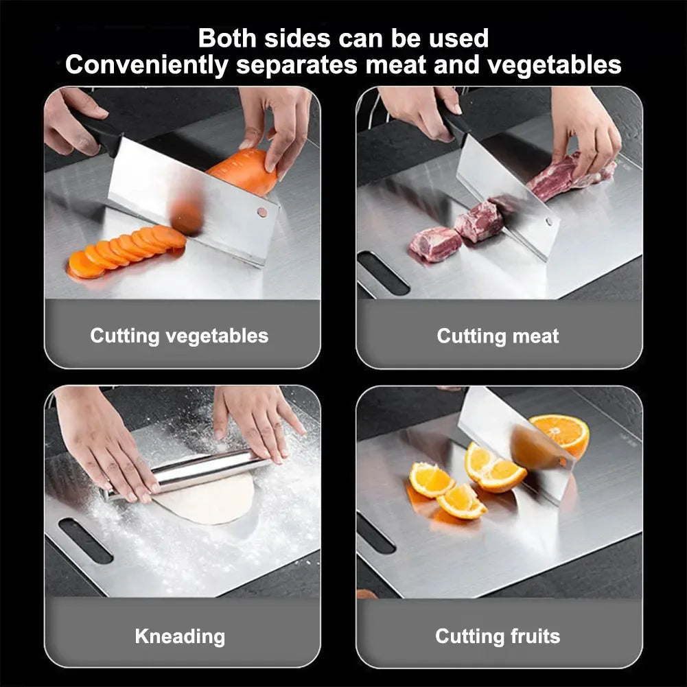 planche découper acier inoxydable argentée double face moderne utilitaire poignée antibactérienne hygiénique