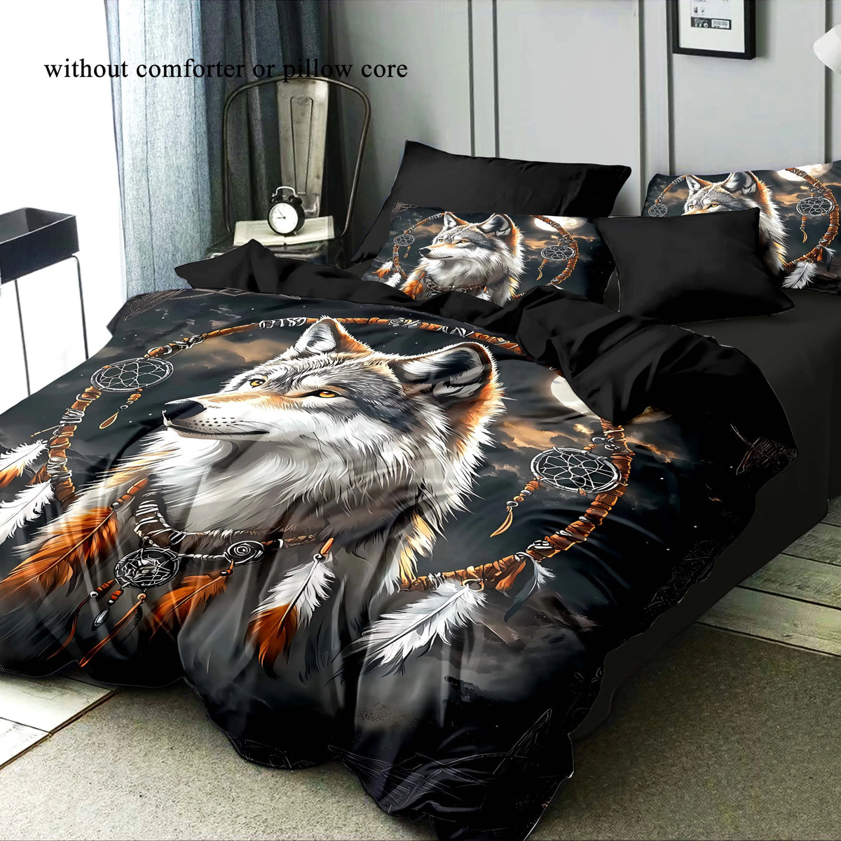 ensemble literie moderne imprimé loup plumes attrape rêves noir blanc gris orange