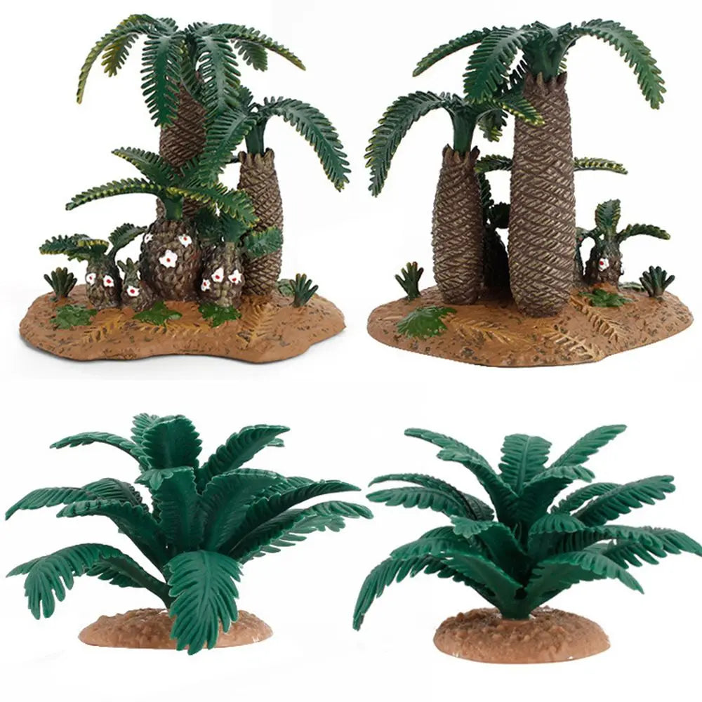 plantes artificielles réalistes feuilles larges troncs texturés base terreuse opacité vert brun jardin miniature