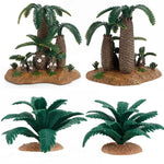 plantes artificielles réalistes feuilles larges troncs texturés base terreuse opacité vert brun jardin miniature