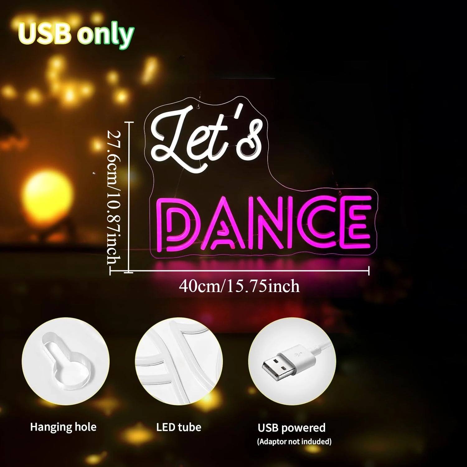 Enseigne néon Let's Dance vue de près montrant les détails LED