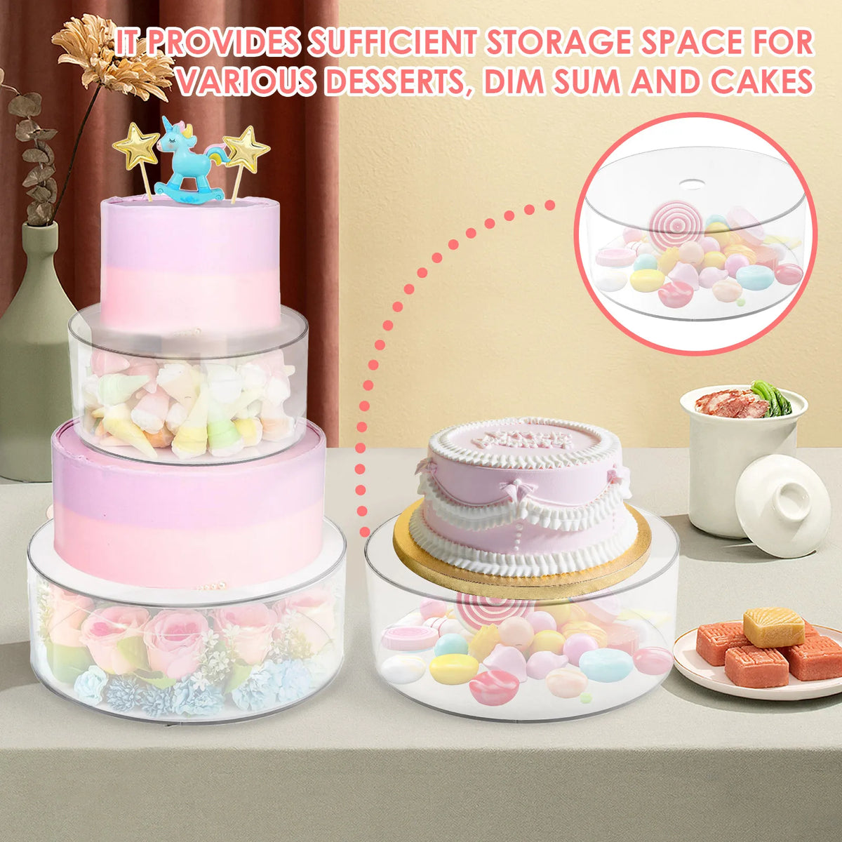 support gâteaux transparent moderne exposition pâtisserie anniversaire mariage décoration table respectueux environnement couvertures motifs